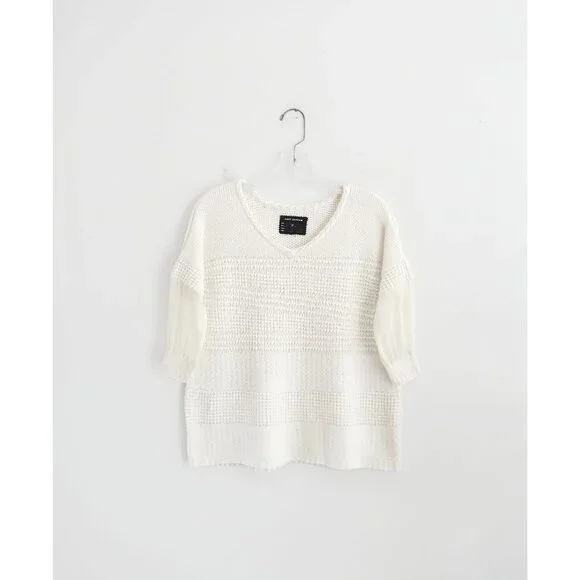 Gary Graham Ivory Cotton Silk Drop Shoulder Boxy 3/4 Sleeve Sweater sz P XS - Picture 1 of 6